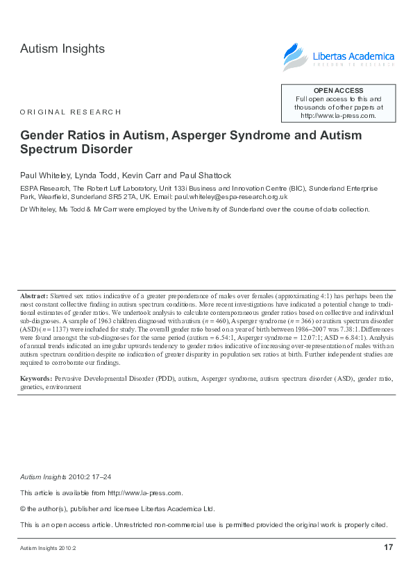 (PDF) Gender Ratios in Autism, Asperger Syndrome and Autism Spectrum ...