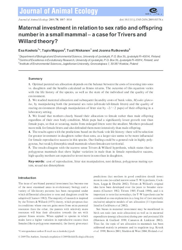 (PDF) Maternal investment in relation to sex ratio and offspring number