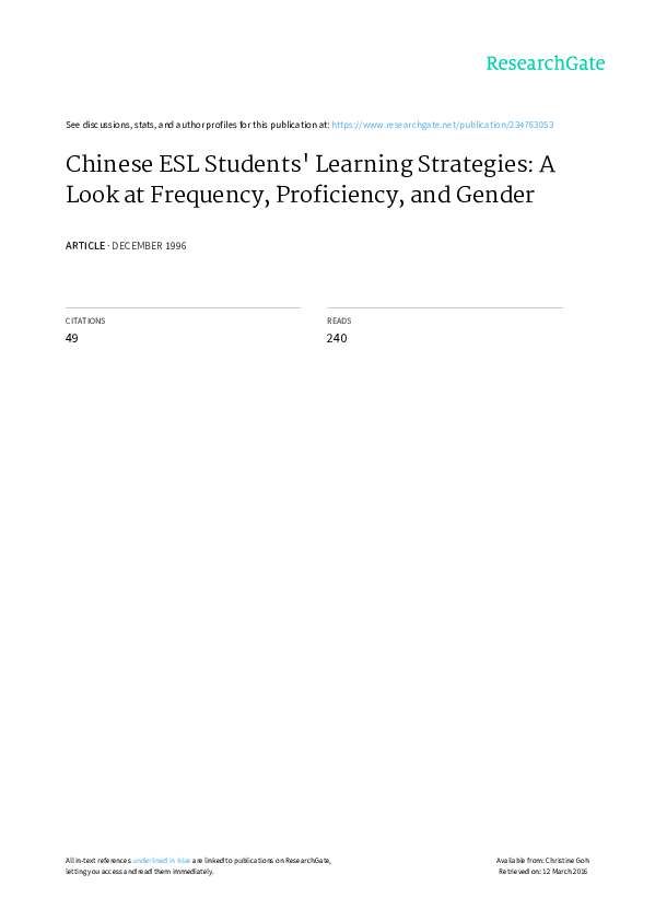 (PDF) Chinese ESL Students' Learning Strategies: A Look at Frequency ...
