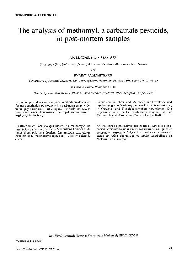 (PDF) The analysis of methomyl, a carbamate pesticide, in post-mortem ...