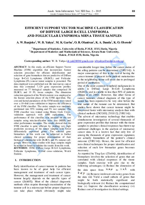(PDF) Efficient Support Vector Machine Classification of Diffuse Large ...