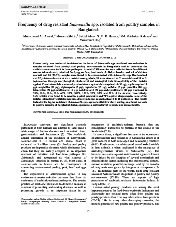 (PDF) Frequency of drug resistant Salmonella spp. isolated from poultry ...