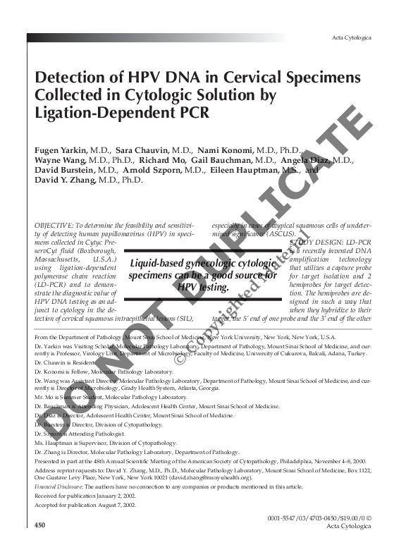 (PDF) Detection of HPV DNA in Cervical Specimens Collected in Cytologic ...
