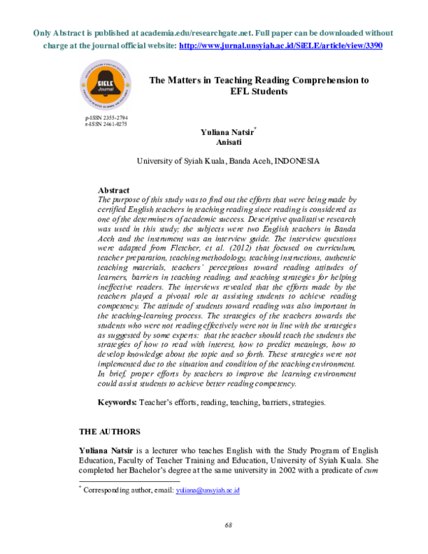 (PDF) The Matters in Teaching Reading Comprehension to EFL Students