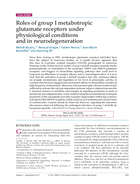 (PDF) Roles of group I metabotropic glutamate receptors under ...