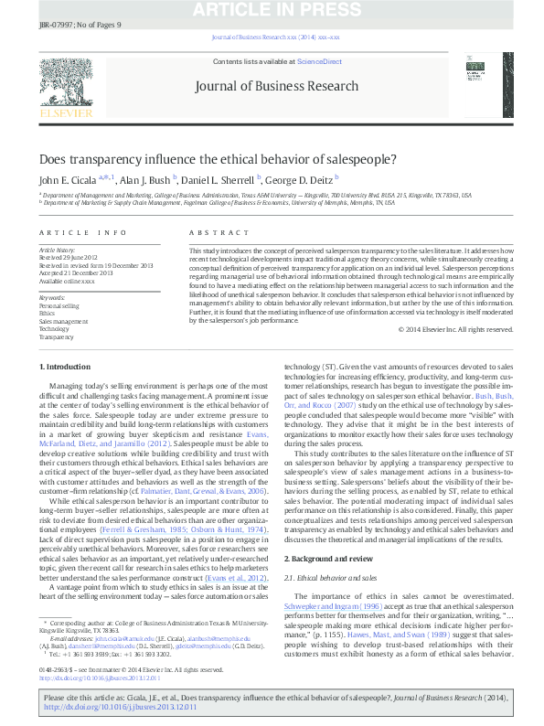 (PDF) Does transparency influence the ethical behavior of salespeople?