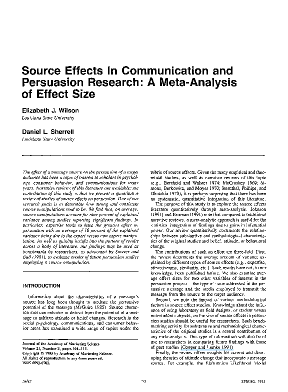 Pdf Source Effects In Communication And Persuasion Research A Meta Analysis Of Effect Size Daniel Sherrell Academia Edu
