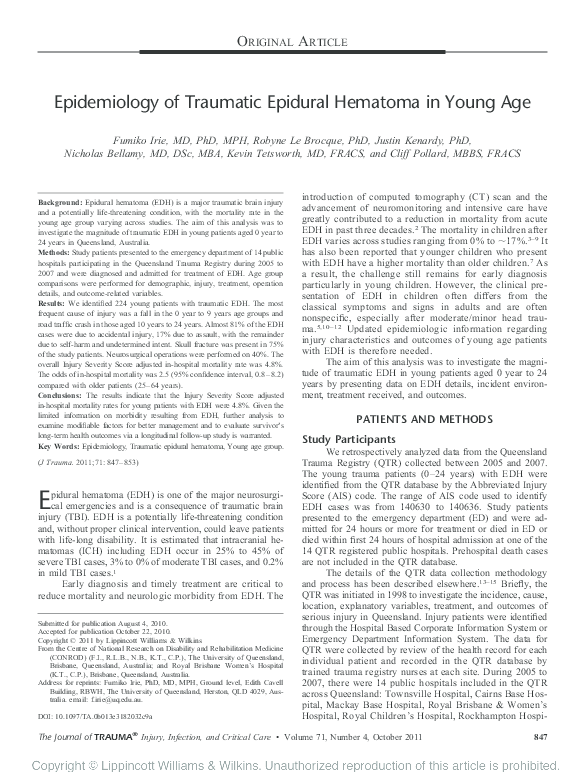 (PDF) Epidemiology of traumatic epidural hematoma in young age
