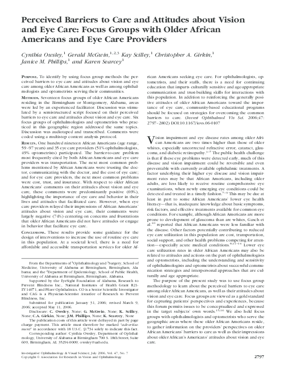 (PDF) Perceived Barriers to Care and Attitudes about Vision and Eye ...