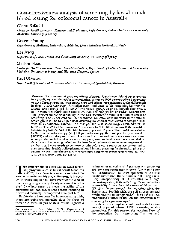 (PDF) Cost-effectiveness analysis of screening by faecal occult blood ...