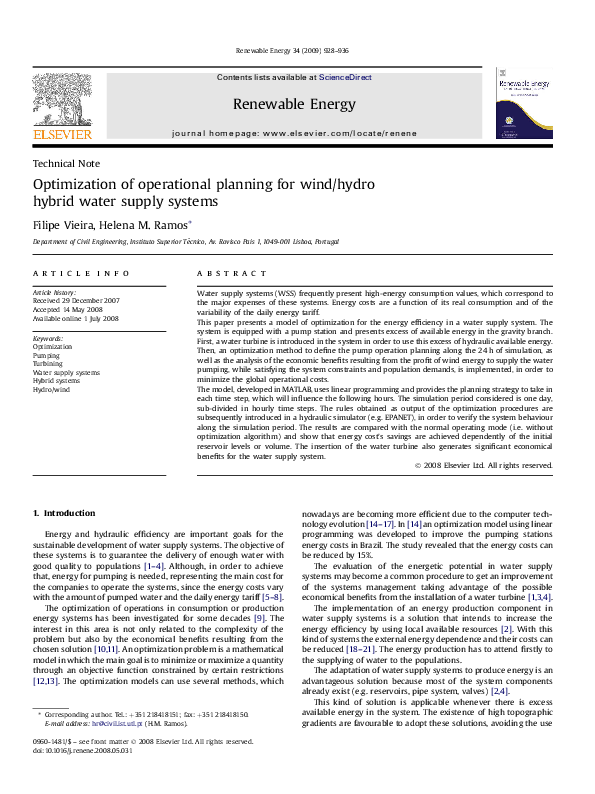 (PDF) Optimization of operational planning for wind/hydro hybrid water ...