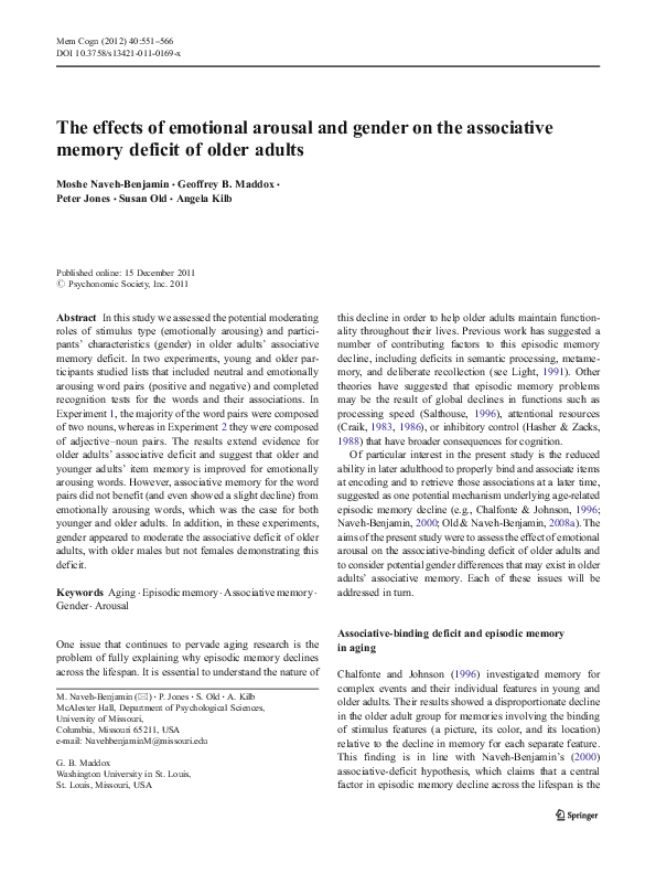 (PDF) The effects of emotional arousal and gender on the associative ...