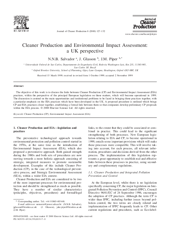 (PDF) Cleaner Production and Environmental Impact Assessment a UK