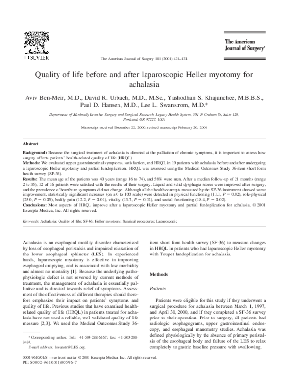 (PDF) Quality of life before and after laparoscopic Heller myotomy for ...