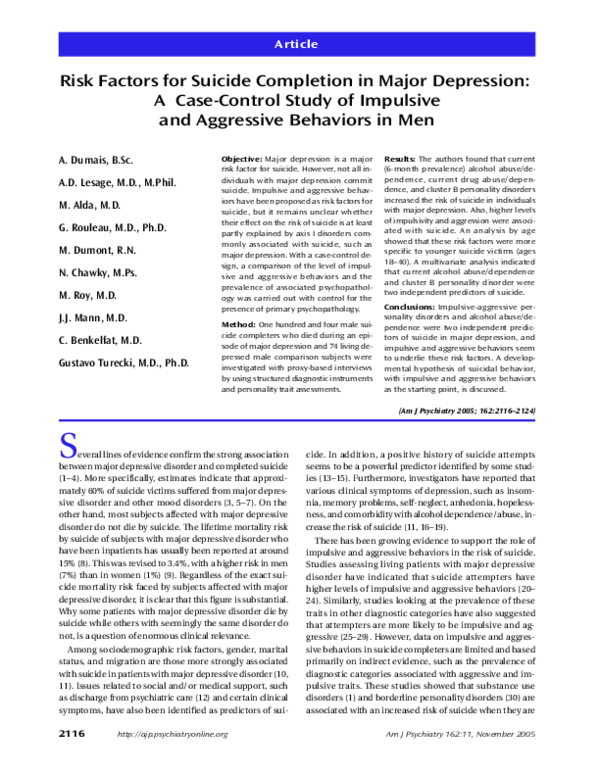 (PDF) Risk Factors for Suicide Completion in Major Depression: A Case ...