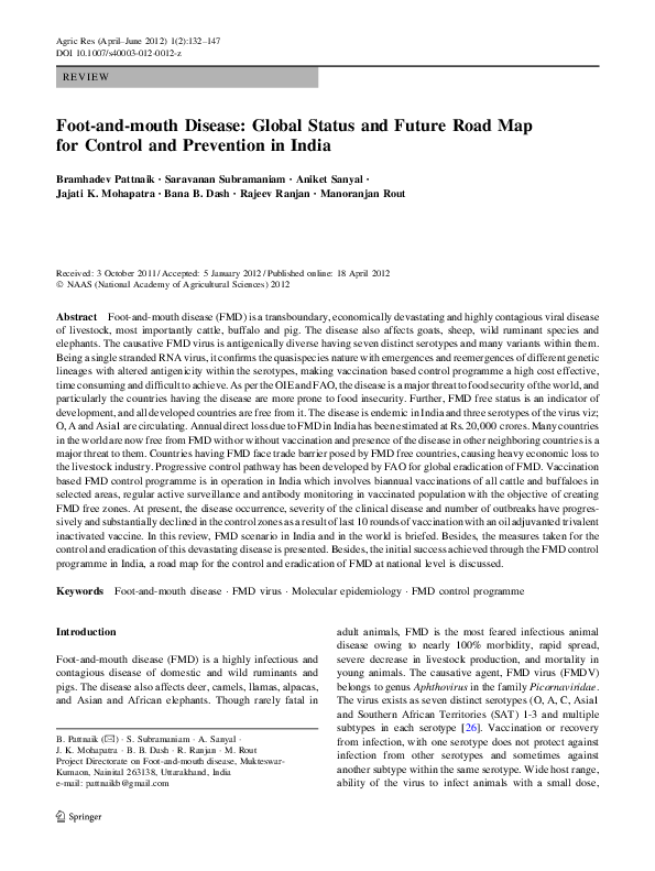 (PDF) Footandmouth Disease Global Status and Future Road Map for Control and Prevention in