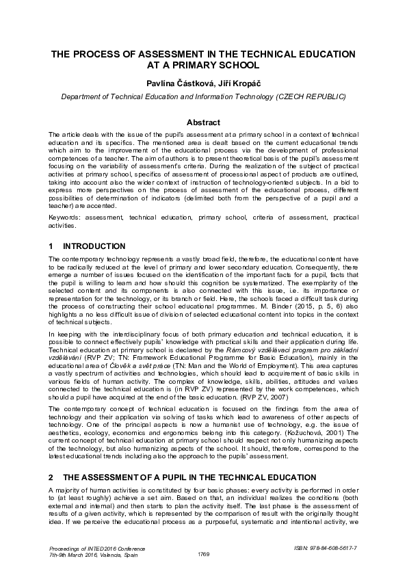 (PDF) THE PROCESS OF ASSESSMENT IN THE TECHNICAL EDUCATION AT A PRIMARY ...