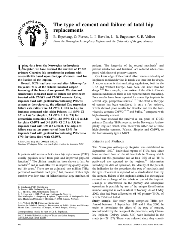 (PDF) The type of cement and failure of total hip replacements