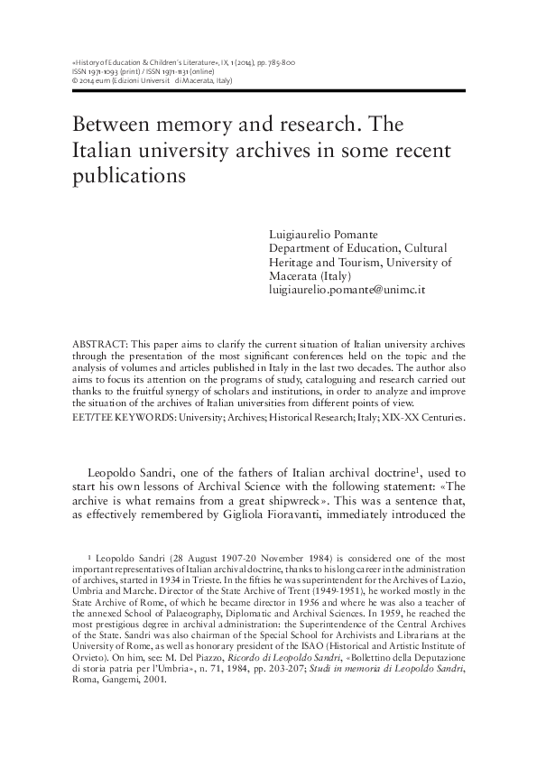(PDF) Between memory and research. The Italian university archives in ...