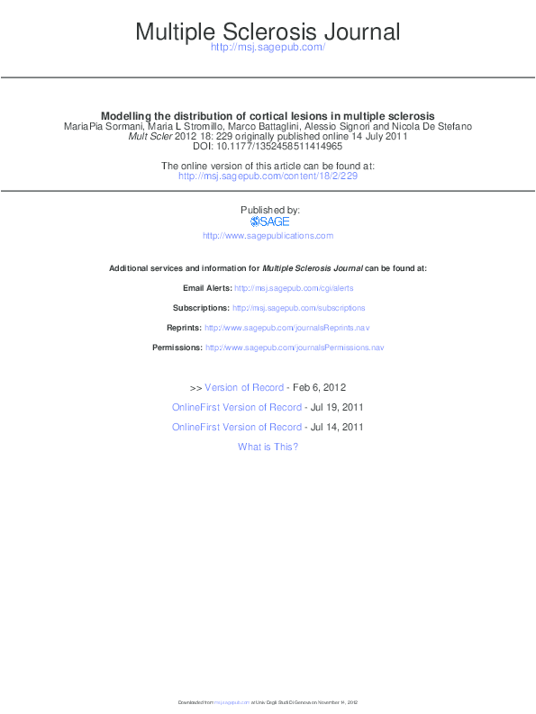 (PDF) Modelling the distribution of cortical lesions in multiple sclerosis