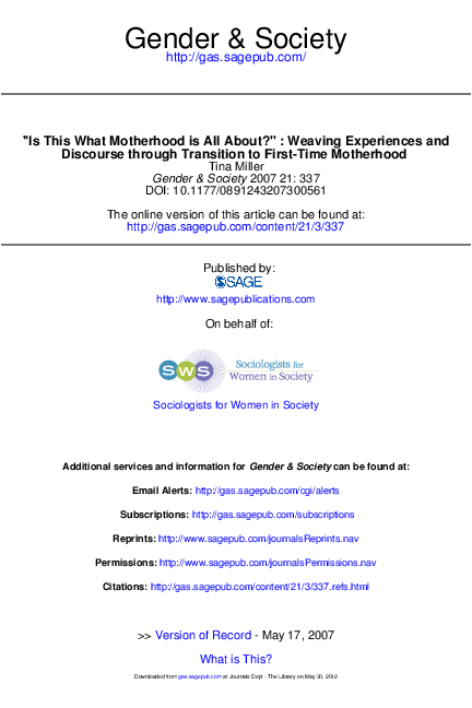 Is This What Motherhood is All About?”Weaving Experiences and Discourse through Transition to First-Time Motherhood
