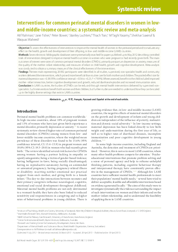 (PDF) Interventions for common perinatal mental disorders in women in ...