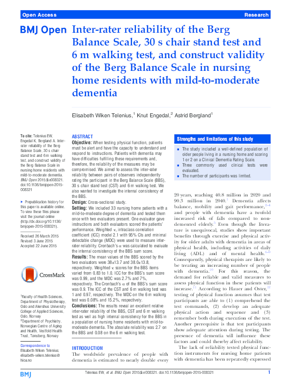 (PDF) Interrater reliability of the Berg Balance Scale, 30 s chair