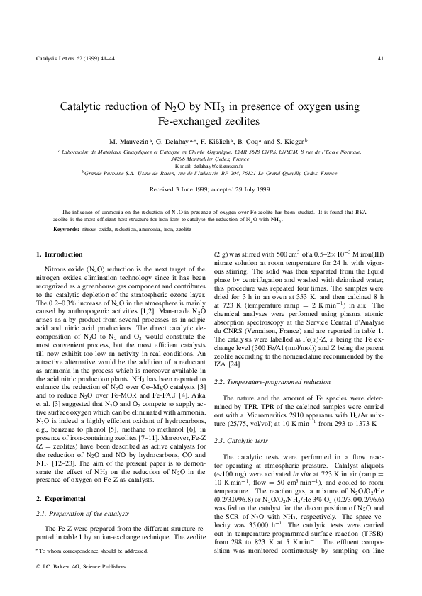(PDF) Catalytic reduction of N 2 O by NH 3 in presence of oxygen using ...