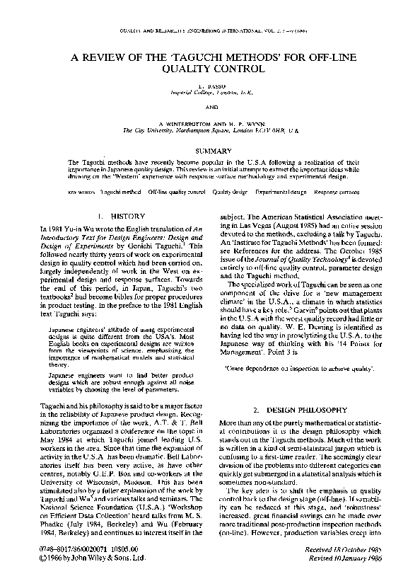 (PDF) A review of the ‘taguchi methods’ for off-line quality control