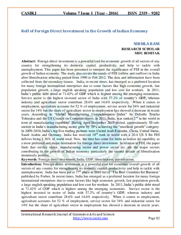 (PDF) Roll of Foreign Direct Investment in the Growth of Indian Economy ...