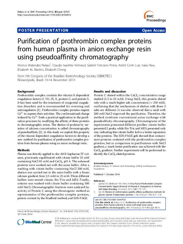 (PDF) Purification of prothrombin complex proteins from human plasma in ...