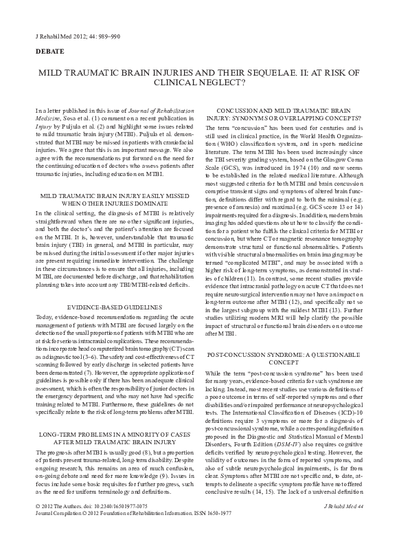 (PDF) Mild traumatic brain injuries and their sequelae. II: At risk of ...