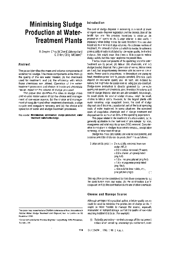 (PDF) Minimising Sludge Production at WaterTreatment Plants G
