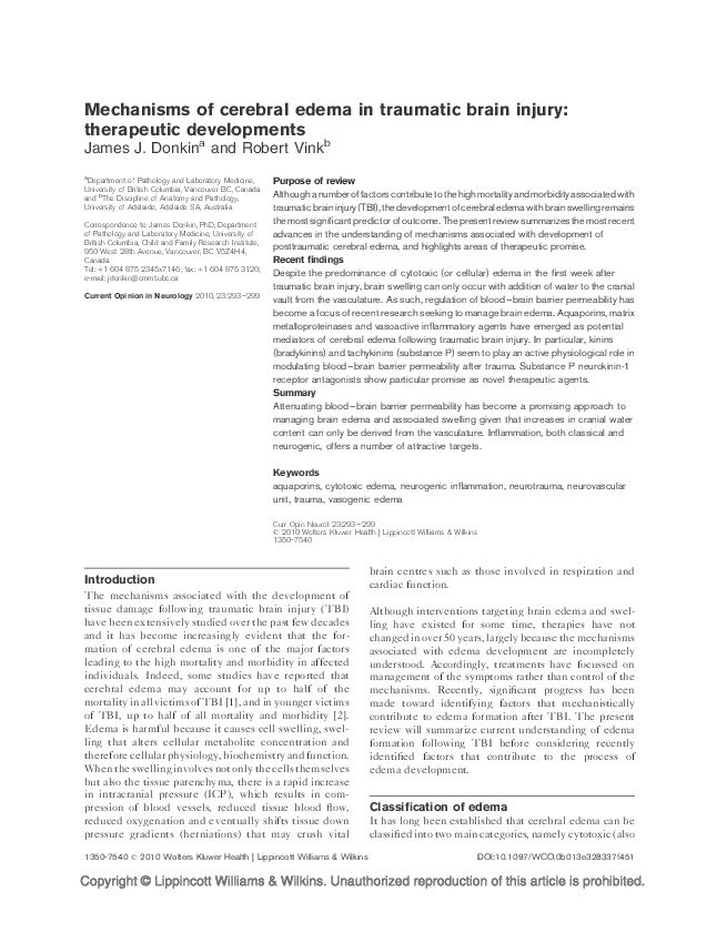 (PDF) Mechanisms of cerebral edema in traumatic brain injury ...
