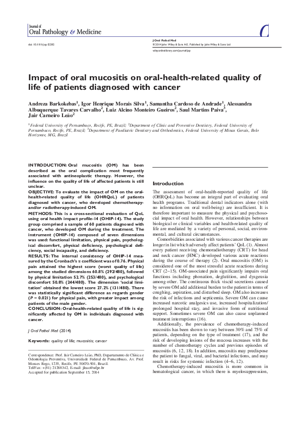 (PDF) Impact of Oral Health on Quality of Life for Patients Diagnosed ...