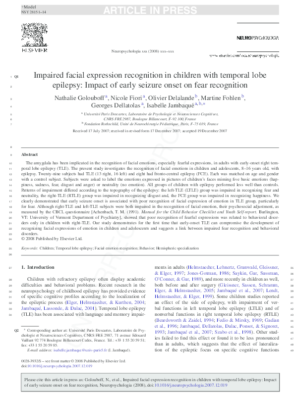 (PDF) Impaired facial expression recognition in children with temporal ...