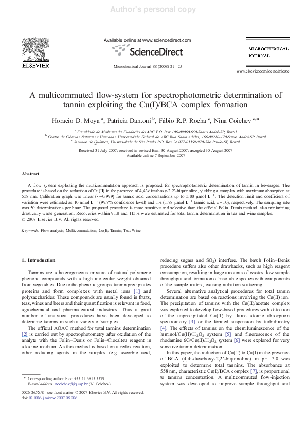 (PDF) Indirect flowinjection determination of tannins in wines and tea by atomic absorption