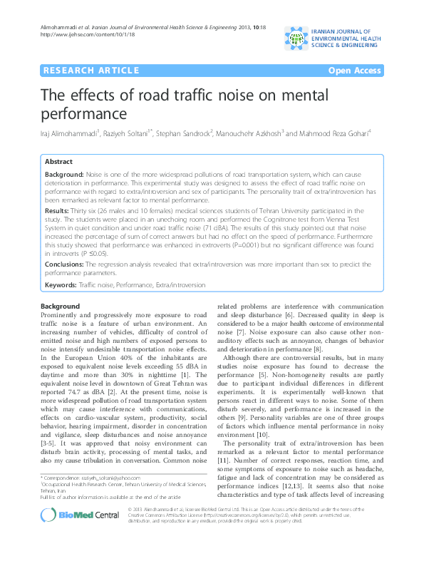 (PDF) The effects of road traffic noise on mental performance