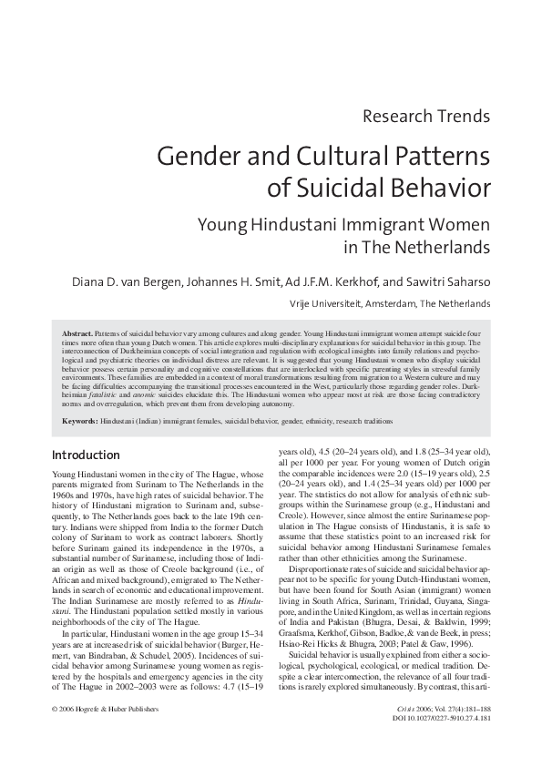 (PDF) Gender and Cultural Patterns of Suicidal Behavior