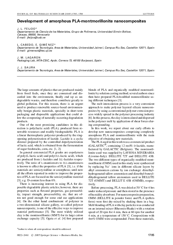 (PDF) Development of amorphous PLA-montmorillonite nanocomposites