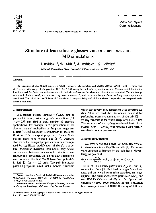 (PDF) Structure of leadsilicate glasses via constantpressure MD simulations Witold Alda