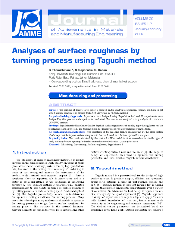 (PDF) Analyses of surface roughness by turning process using Taguchi