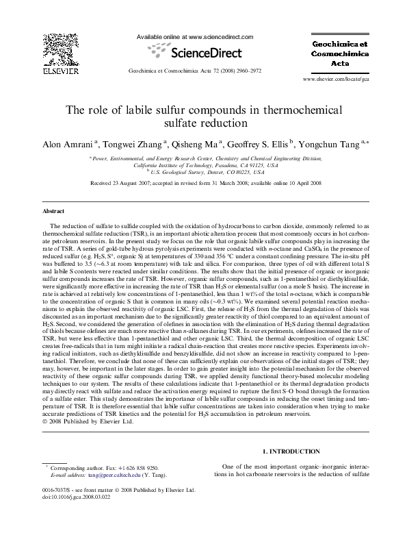 (PDF) The role of labile sulfur compounds in thermochemical sulfate ...