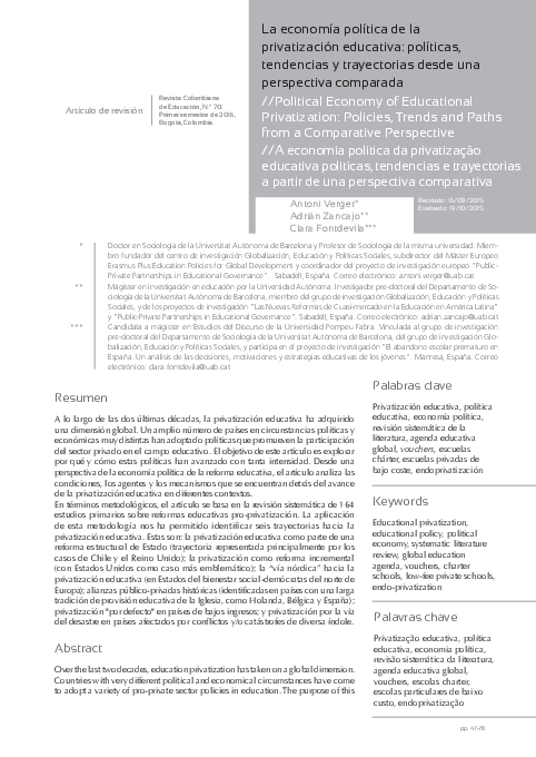 (PDF) La Economía Política de la Privatización Educativa: Políticas ...