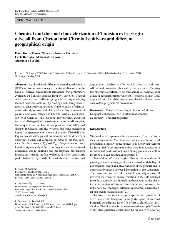 (PDF) Chemical and thermal characterization of Tunisian extra virgin ...