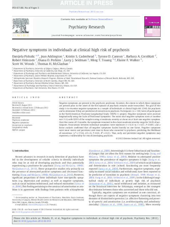 (PDF) Negative symptoms in individuals at clinical high risk of psychosis