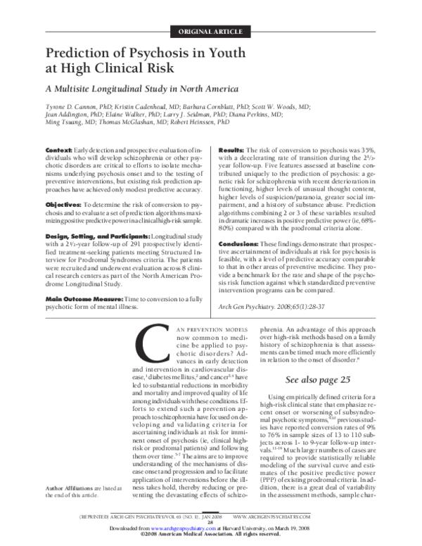 (PDF) Prediction of Psychosis in Youth at High Clinical Risk