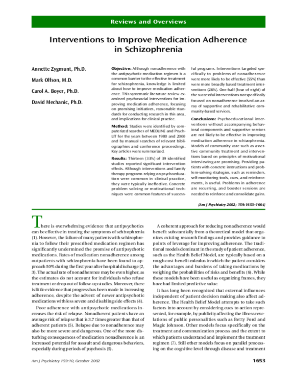 (PDF) Interventions to Improve Medication Adherence in Schizophrenia