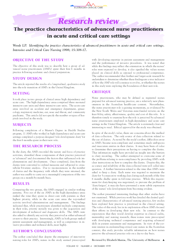 (PDF) The practice characteristics of advanced nurse practitioners in ...