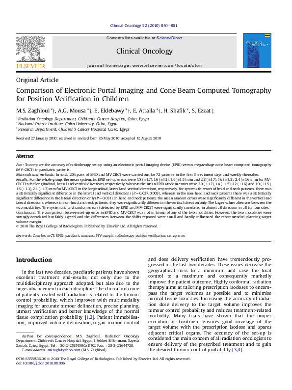 (PDF) Comparison of Electronic Portal Imaging and Cone Beam Computed ...